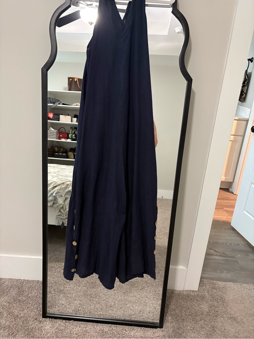 Women's Navy Sleeveless V-Neck Jumpsuit with Side Button Detail